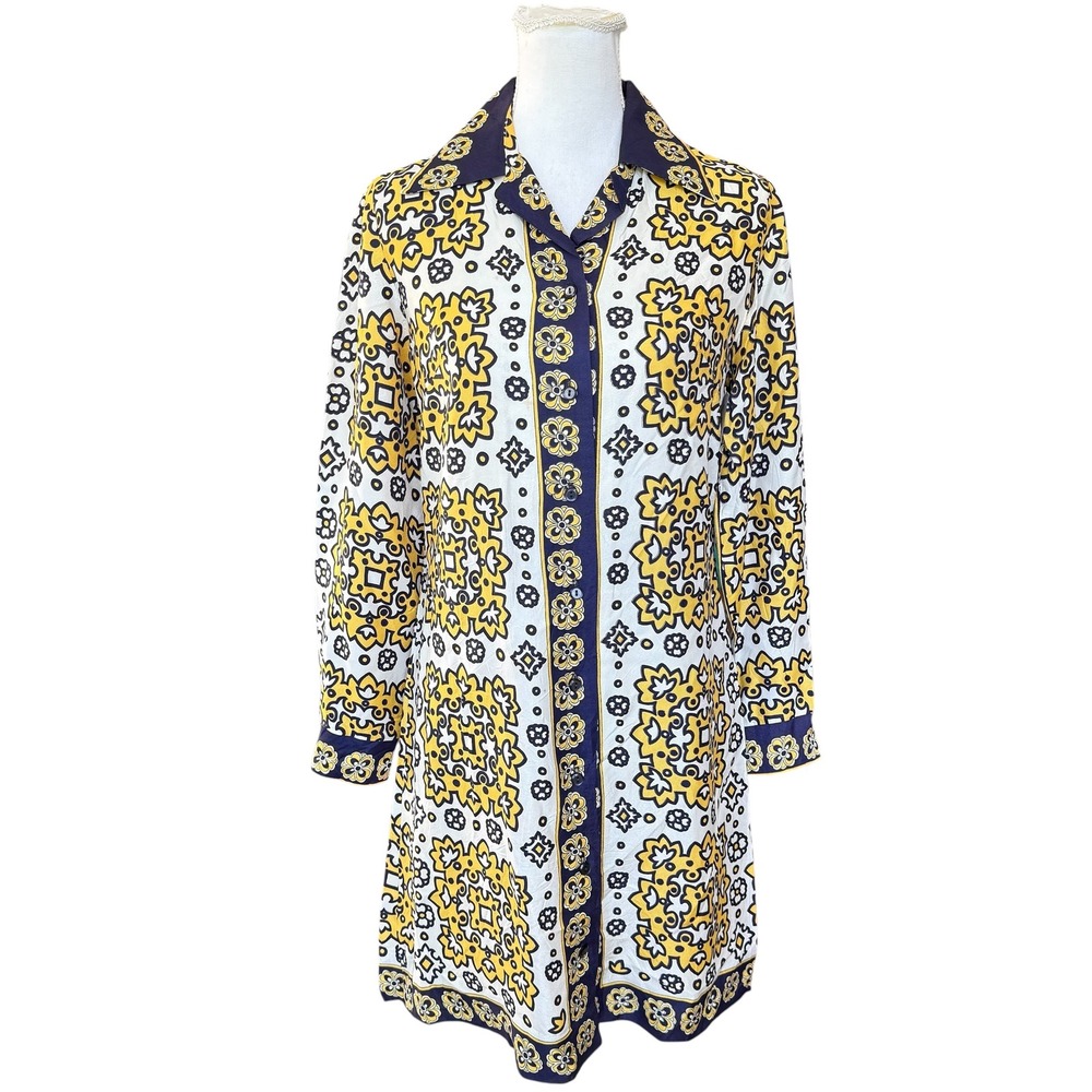 Vintage‎ Alex Colman California Mod Shirt Dress Yellow Navy Floral Tile Print